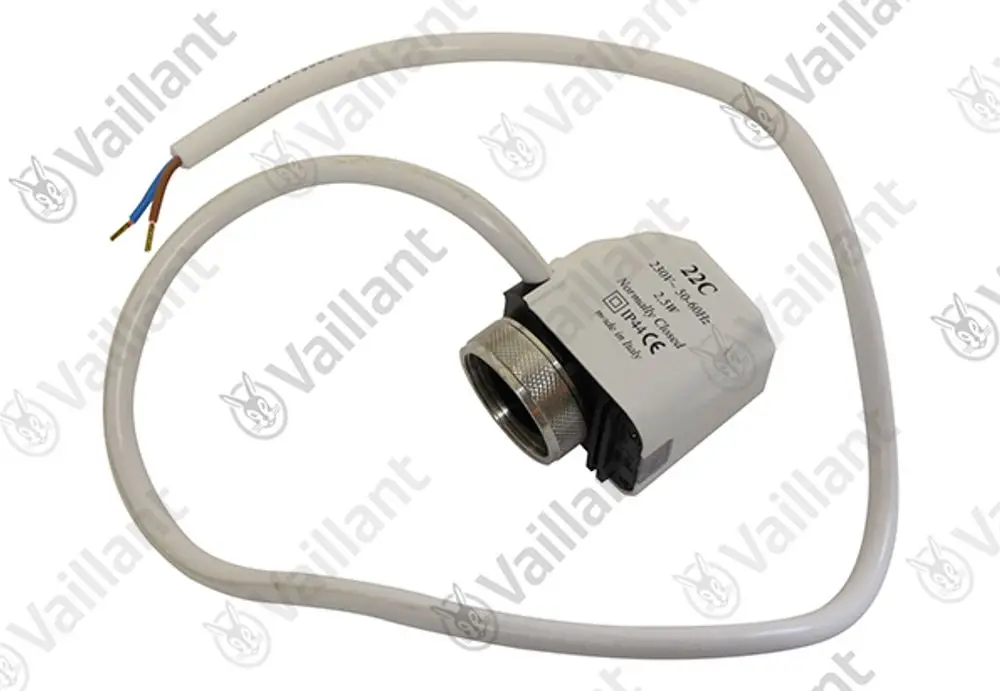 Vaillant Stellantrieb mit Kabel und Anschluss für ein Zonenventil. Sichtbare Anschlussdrähte in Blau, Braun und Gelb-Grün. Metallisches Gehäuse und Kunststoffelemente.